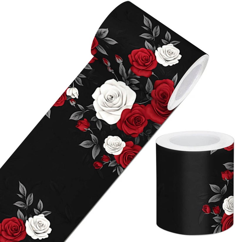 IVN Wallpaper Border Peel and Stick Decorative Wall Trim Self Adhesive Black Red White Rose Floral Design Wallpaper for Bathroom Laundry Room Pool Area Mirror Frame Shelf Wall Edge 4x196 Inch - Image 1